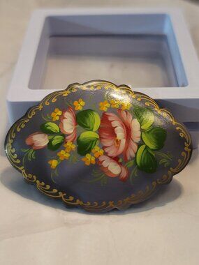 Signed Vintage Hand Painted Russian Lacquer Brooch Pin